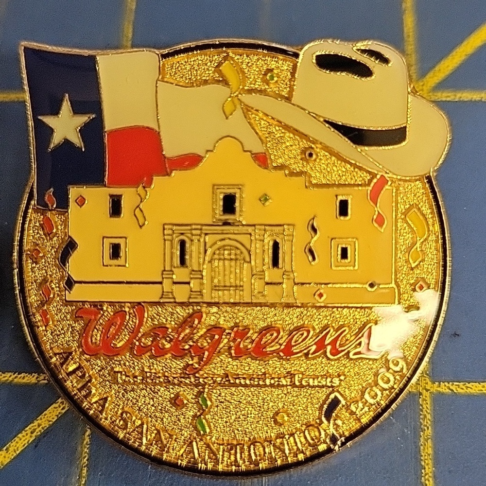 Walgreens San Antonio Texas Collectible Pin Alamo Flag Hat Pharmacy Retail